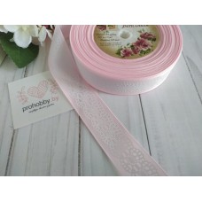 Лента репсовая 25 мм "Кружево на светло-розовом"